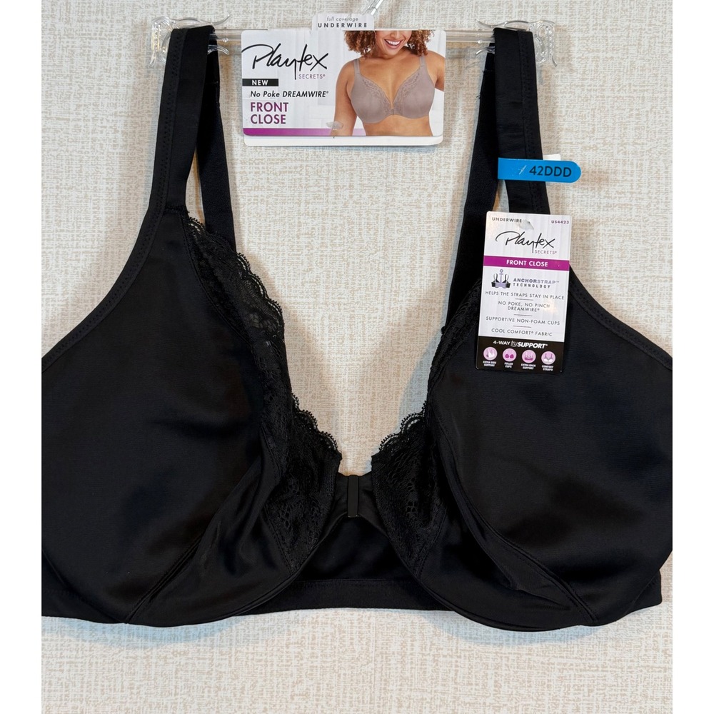 NWT Playtex Secrets No Poke Dreamwire Front Close Underwire Bra Black 42DDD 4423